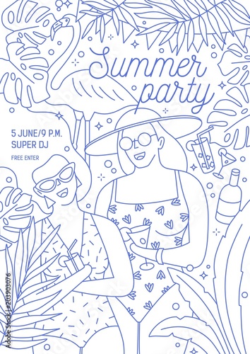 Flyer, invitation or poster template for summer party with smiling women in swimwear holding fresh tropical drinks drawn with contour lines on white background. Monochrome vector illustration.
