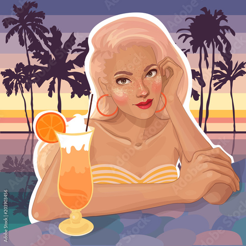 vector beautiful blonde girl on sunset and palm trees background, with citrus cocktail, in pool