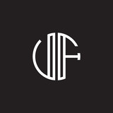 Initial letter UF, VF, minimalist line art monogram circle shape logo, white color on black background