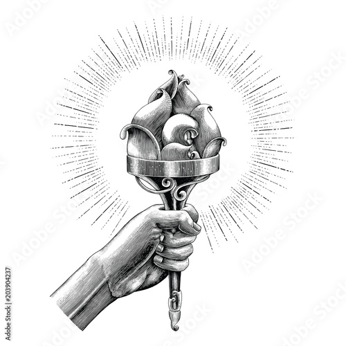 Hand holding torch hand sketch vintage style