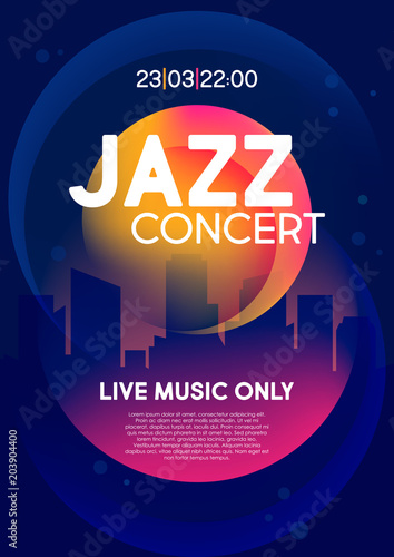 Vertical music jazz background with silhouette of city, color graphic elements and text. 