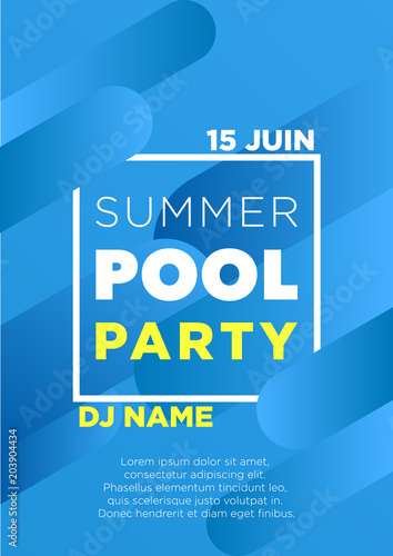 Vertical blue pool party background with graphic elements and text.  