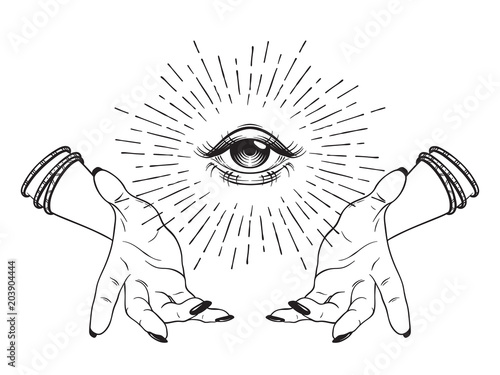 Hand-drawn Eye of Providence in hands of witch, all seeing eye, conspiracy theory, alchemy, religion, spirituality, print or tattoo design vector illustration.