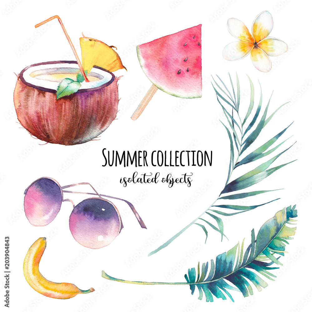 Watercolor summer set. Hand drawn collection of vacation icons: coconut  milk, watermelon, fashion sunglasses, banana, palm leaves and tropical  flower. Elements isolated on white background Stock Illustration