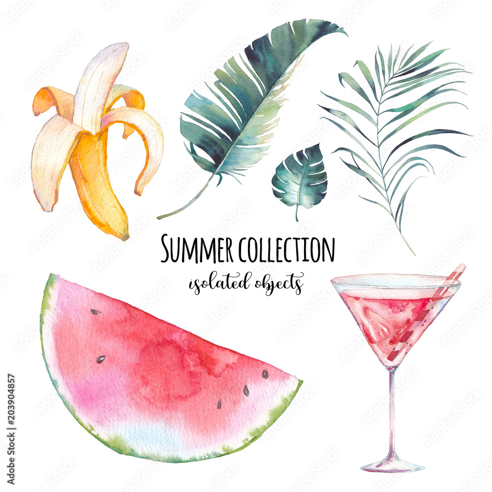 Watercolor summer set. Hand drawn collection of vacation icons: cocktail,  watermelon slice, banana, palm leaves and monstera leaf. Elements isolated  on white background Stock Illustration