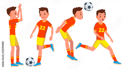 Soccer Male Player Vector. Playing In Different Poses. Summer Activity. Pass. Ball. Man Athlete. Isolated On White Cartoon Character Illustration