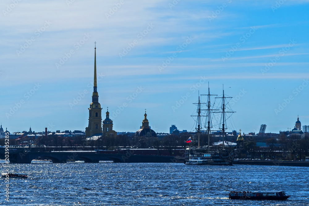 View of the Palace bridge, Peter and Paul fortress and the sailing ship on the Neva.