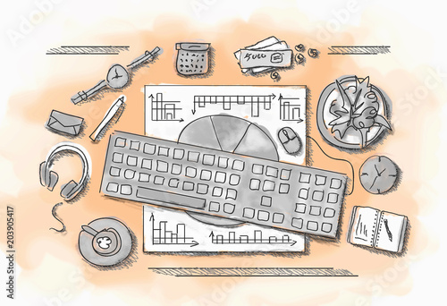 Drawn image of work table with objects