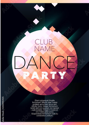 Vertical dark music party background with pink graphic elements and text.  