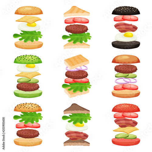 Set of burgers and sandwiches with flying ingredients. Tasty fast food. Delicious snack. Flat vector design for mobile app or cafe menu