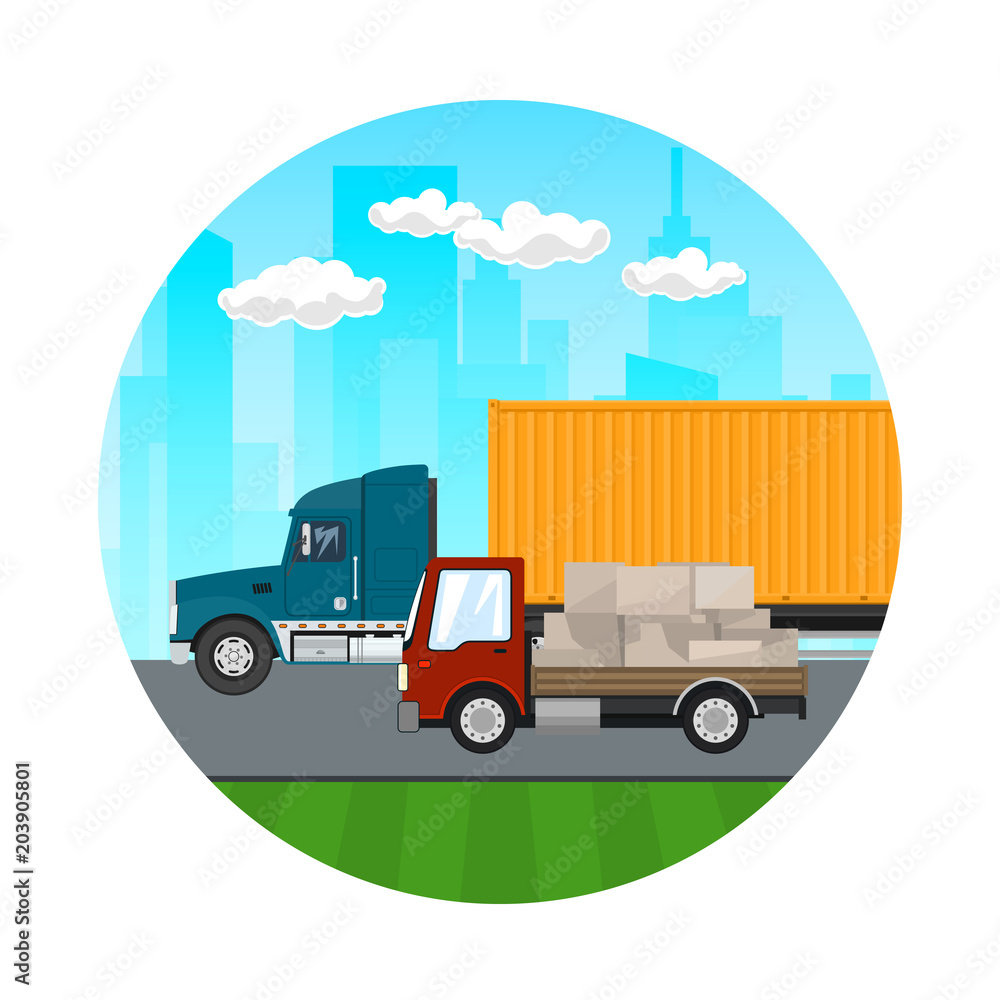 Icon of Road Transport and Logistics, Truck and Small Cargo Van with Boxes Drive on the Road on the Background of the City, Transport Services, Vector Illustration