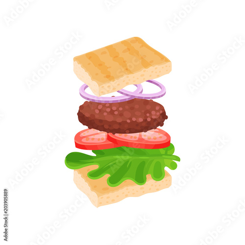 Sandwich with flying ingredients bread slices, lettuce leaf, tomatoes, grilled cutlet and onion rings. Fast food. Flat vector design
