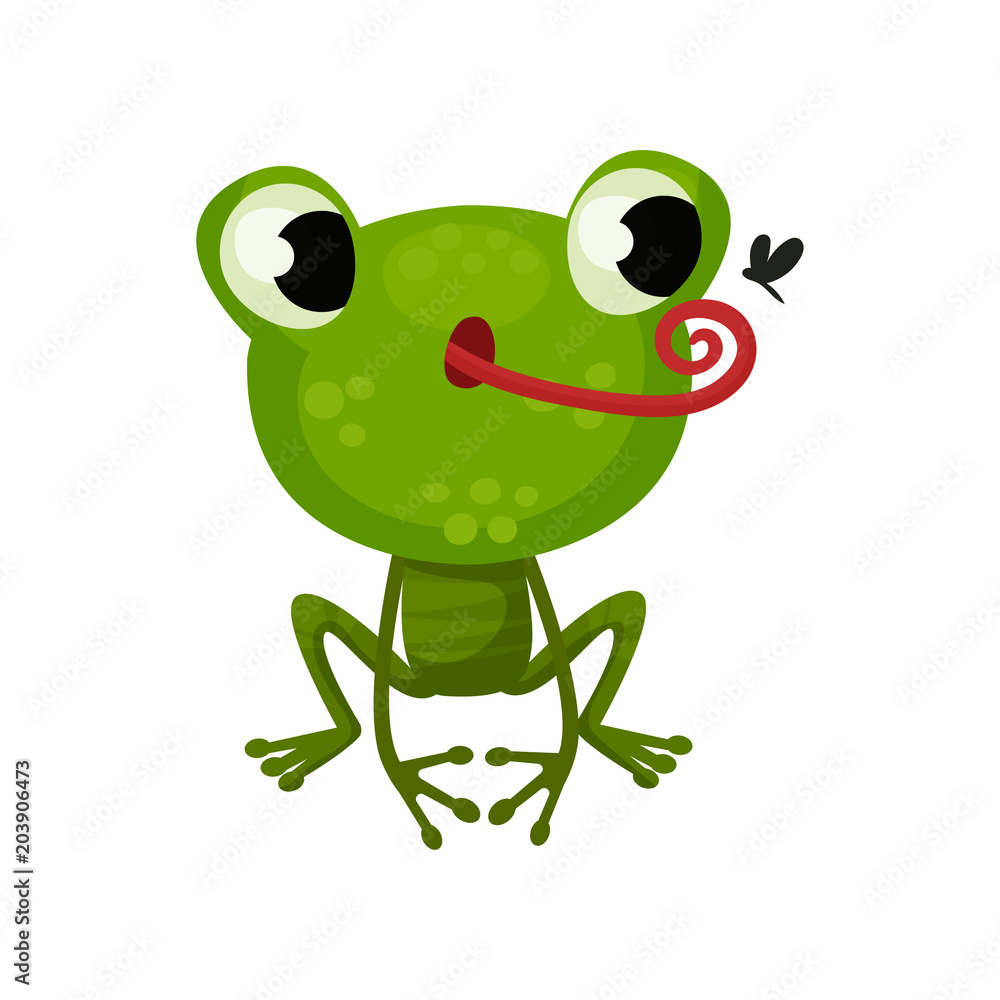 Cute frog hunting on mosquito. Flat vector icon of funny green toad. Cartoon character of amphibian animal Cute frog hunting on mosquito. Flat vector icon of funny green toad. Cartoon character of amphibian animal
