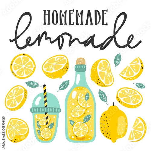 Summer set with lemonade and it's ingredients. Lemon, lemon slice, mint and hand written text.