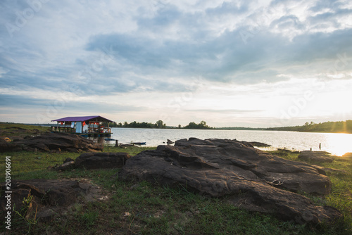 The raft is on the river.