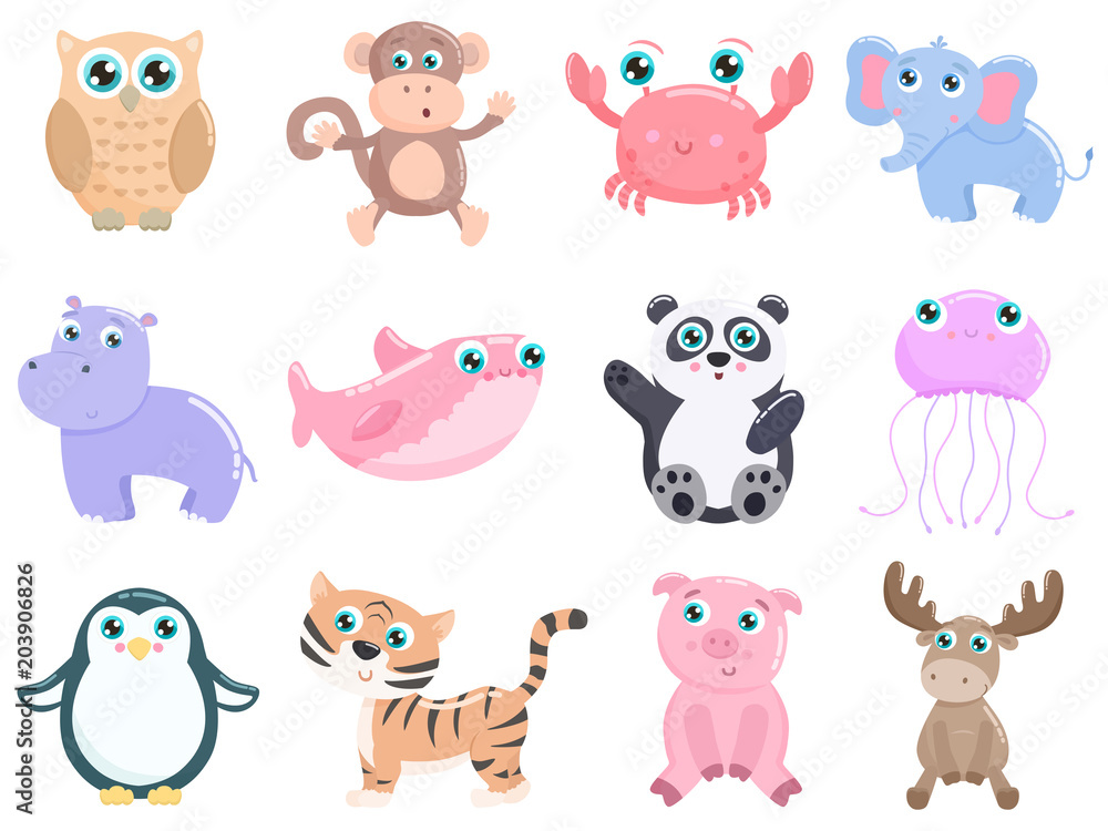 Cute animals vector set. Flat design.