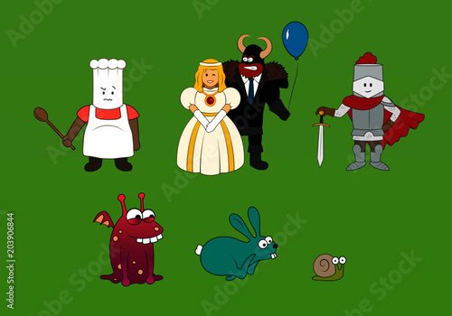 A set of different medieval fantasy characters and animals in cartoon style