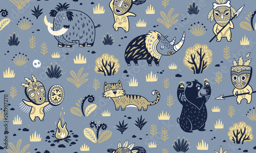 Stone Age. Surface pattern of prehistoric animals and primitive peoples in cartoon style. Vector illustration