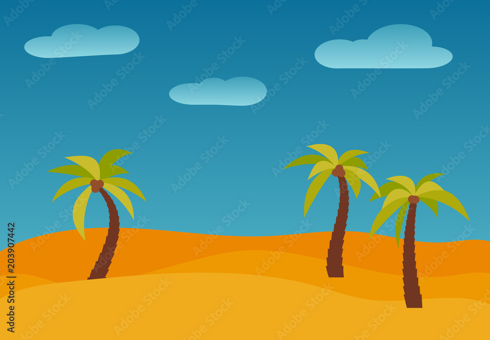 Cartoon nature landscape with three palms in the desert. Vector illustration.
