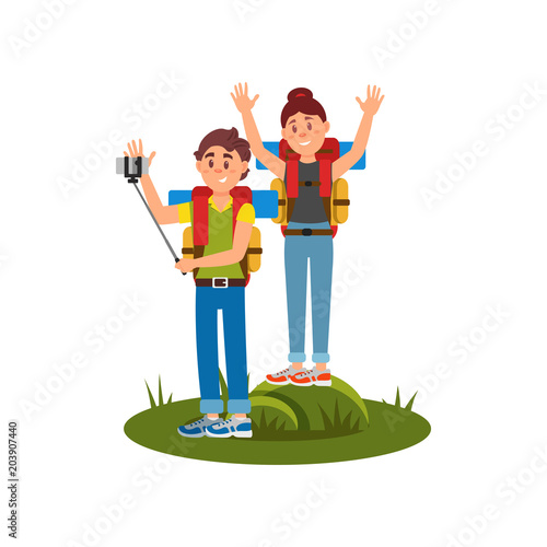 Young couple of tourists making selfie using monopod and camera. Summer hiking. Active recreation at nature. Flat vector design