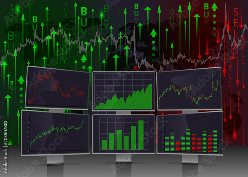 Monitors with stock charts.