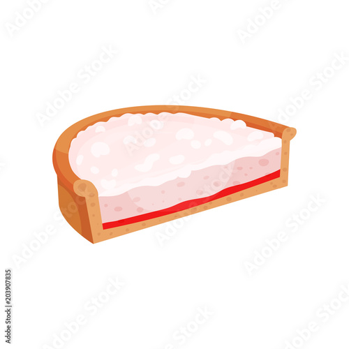 Half of tart with crispy crust. Pie with cream and fruit jam. Sweet and tasty dessert. Flat vecto element for promo poster of pastry shop