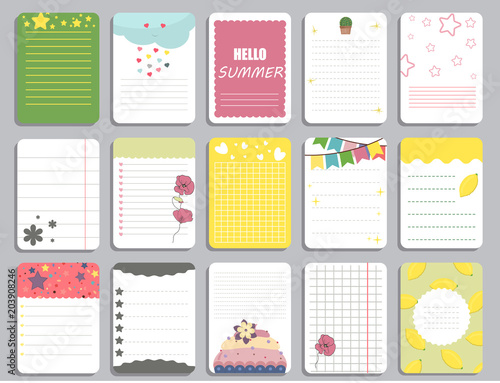 Kids notebook page template vector cards, notes, stickers, labels, tags paper sheet illustration.