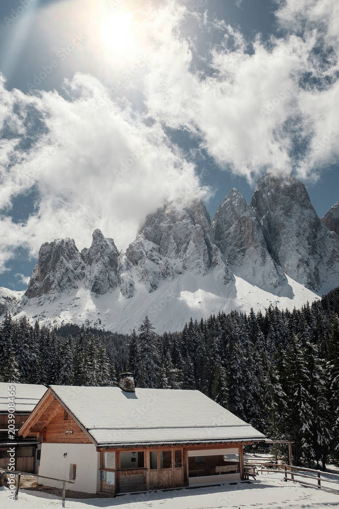 House in the Dolomites. Holiday in the ski resort of northern Italy.  Tour to the Dolomites.