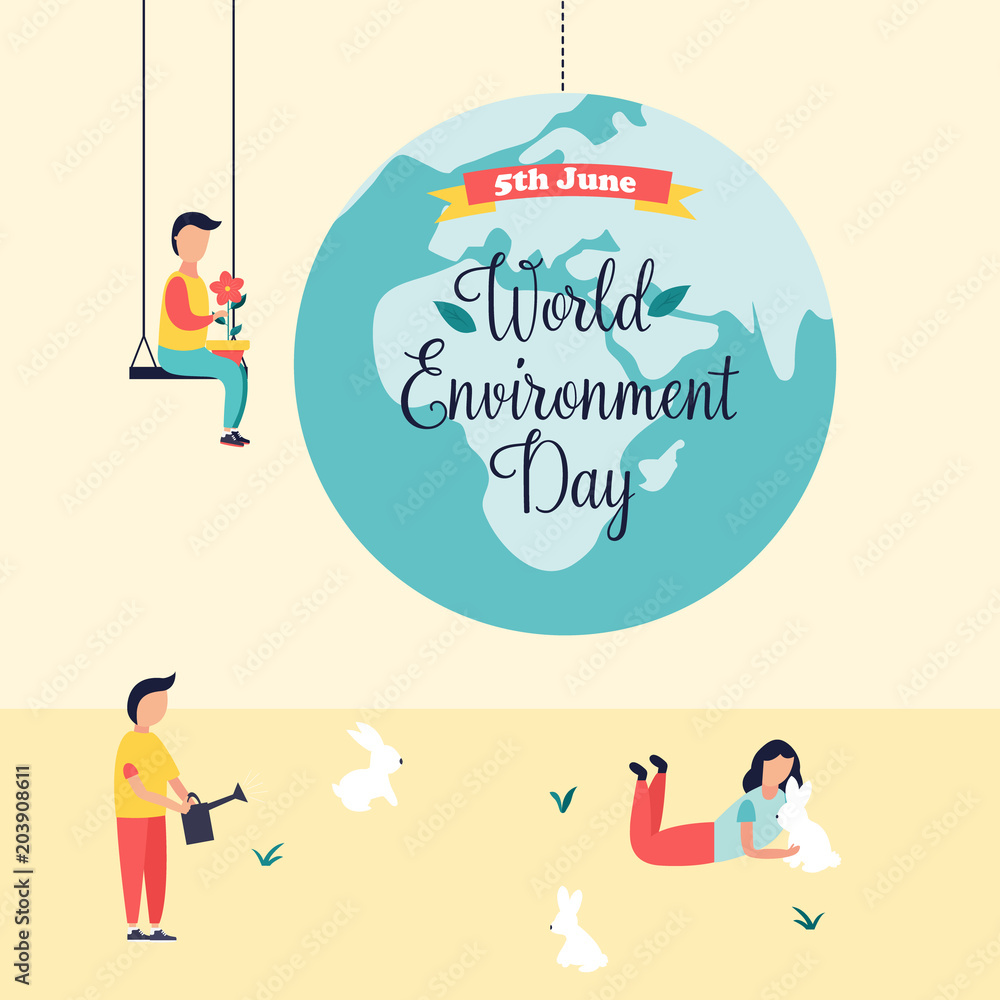 Poster World Environment Day with globe and people Poster World Environment Day with globe and people