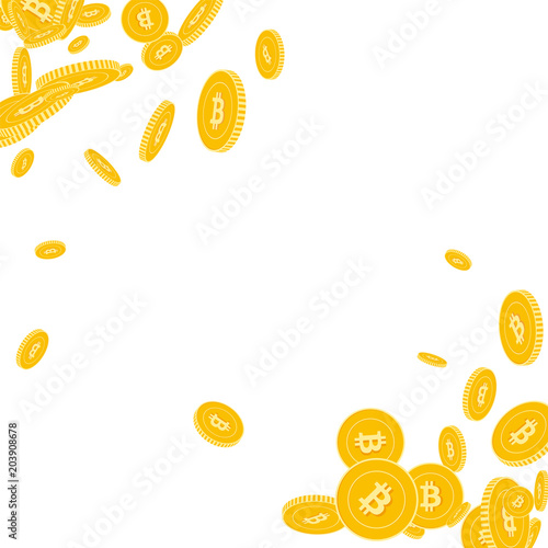 Bitcoin, internet currency coins falling. Scattered floating BTC coins on white background. Original scatter abstract corners vector illustration. Jackpot or success concept.