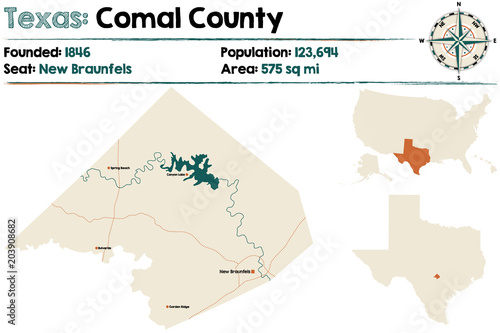 Detailed map of Comal county in Texas, USA.