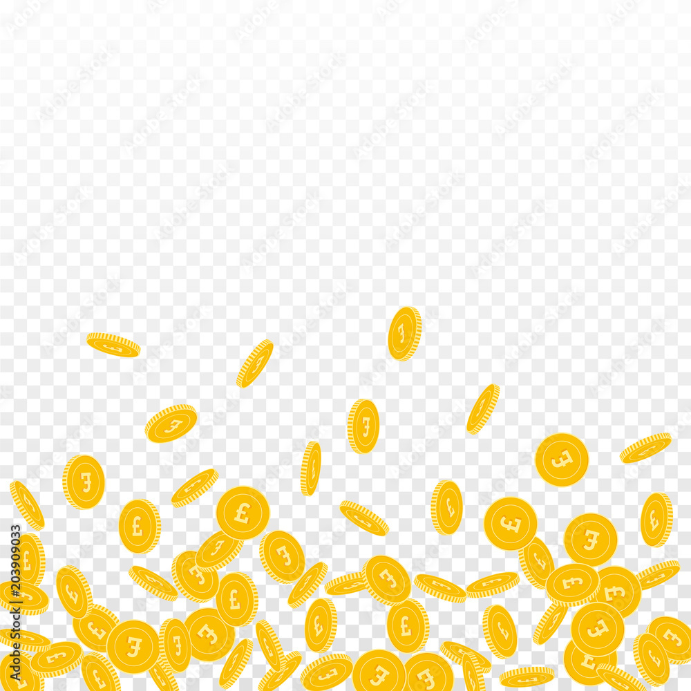 British pound coins falling. Scattered small GBP coins on transparent background. Outstanding scatter bottom gradient vector illustration. Jackpot or success concept.