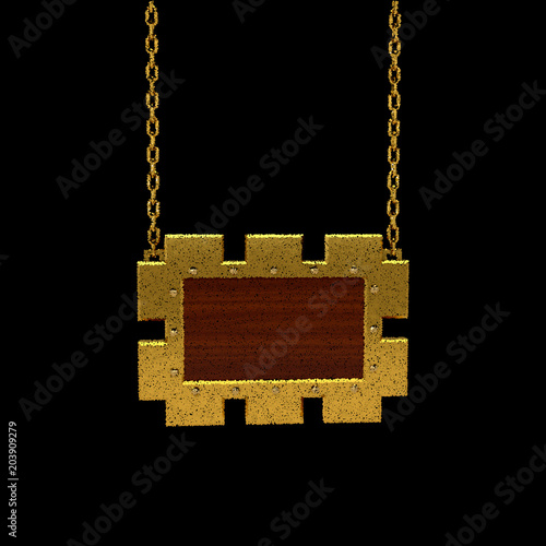 Blank wooden signboard with golden border hanging on chain.