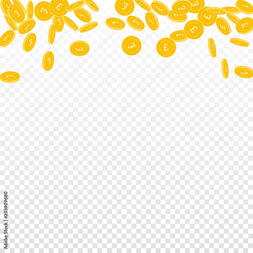 British pound coins falling. Scattered small GBP coins on transparent background. Exceptional abstract top border vector illustration. Jackpot or success concept.