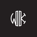 Initial letter WK, minimalist line art monogram circle shape logo, white color on black background