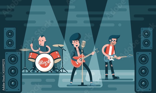 Concert of rock band on stage. Singing guitarist, bass guitar player, drummer in stylish clothes. Cartoon illustration in flat style.