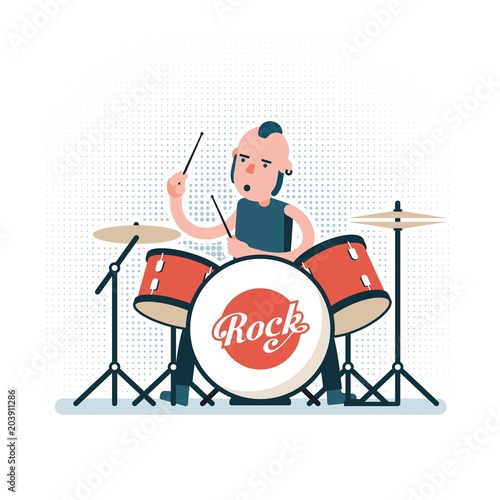 Cartoon rock drummer playing on drum set. Illustration in flat style.
