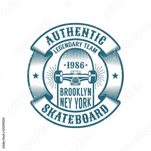 Skateboarding logo in retro style. Skateboard in heraldic ribbon with inscriptions. Worn textures on a separate layer.