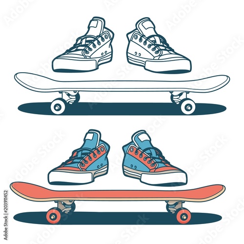 Sneakers and skateboard isolated - color and outline options