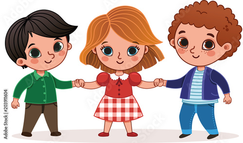 Vector illustration of three children holding hands.