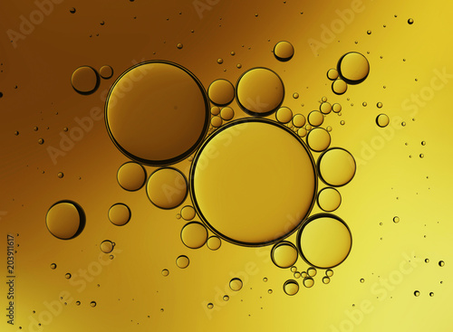 Oil Bubbles Isolated on White Background, Closeup Collagen Emulsion in Water. Illustration. Gold Serum Droplets.