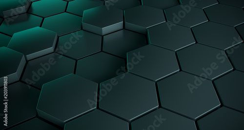 Abstract Metallic Hexagons Close Up With Reflection. 3D Rendering