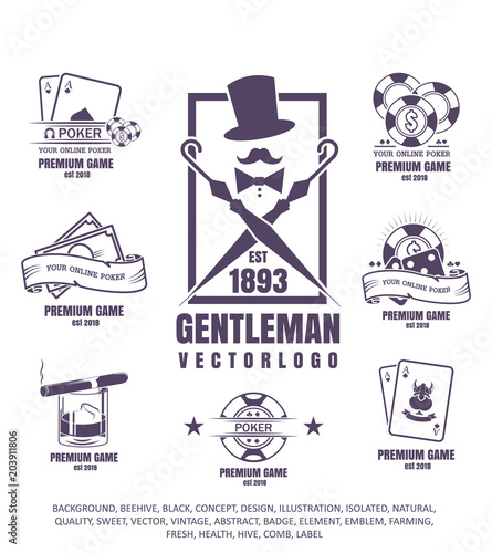 gentleman club, vector illustration, set of poker logos, emblem of gambling, icon of cigar, chips on white background.