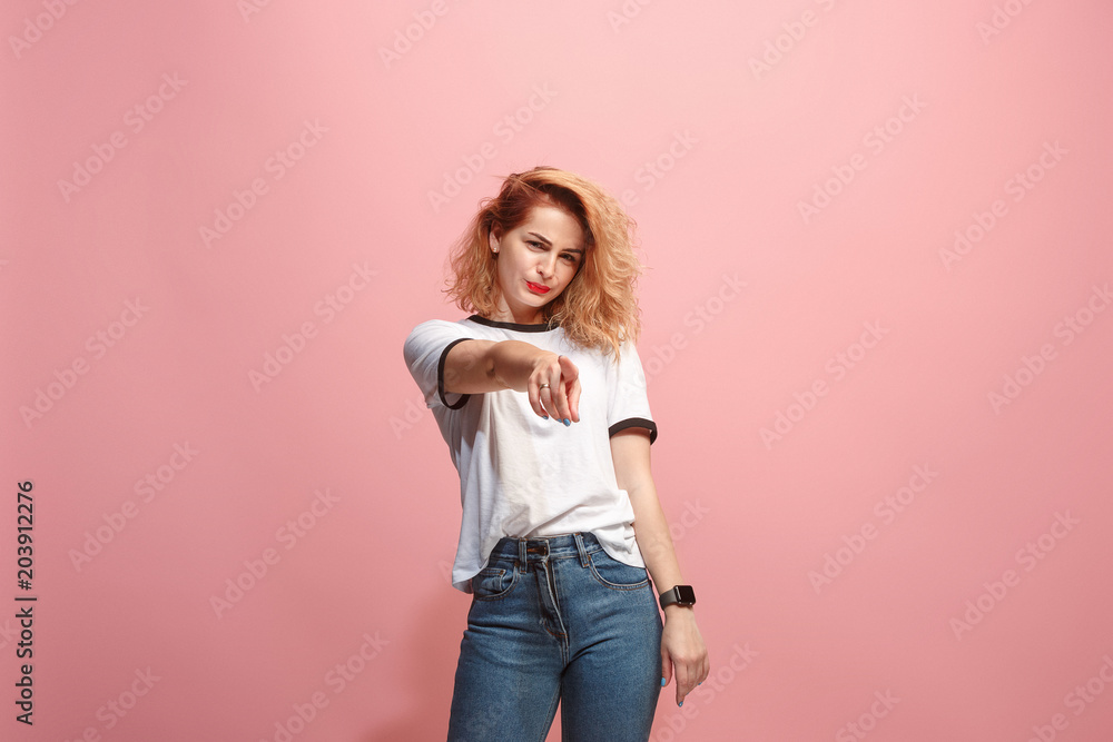 The overbearing business woman point you and want you, half length closeup portrait on pink background. The overbearing business woman point you and want you, half length closeup portrait on pink background.