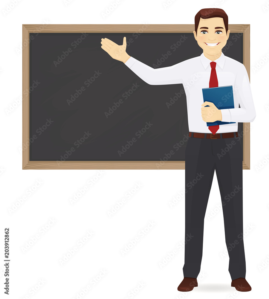 Male teacher at blackboard with copy space showing vector illustration Male teacher at blackboard with copy space showing vector illustration