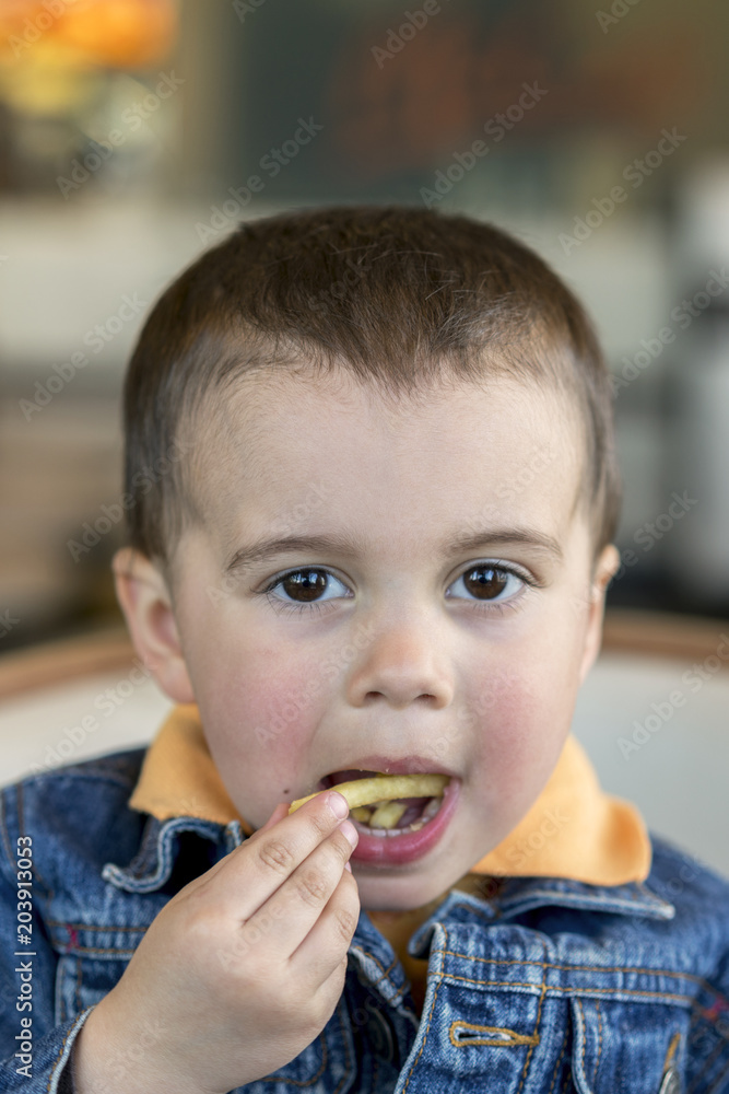 A happy baby boy eats French fries. fast food. European. boy 2 years old close-up eating french fries. Cute little baby boy sitting at cafe eating tasty french fries. European A happy baby boy eats French fries. fast food. European. boy 2 years old close-up eating french fries. Cute little baby boy sitting at cafe eating tasty french fries. European
