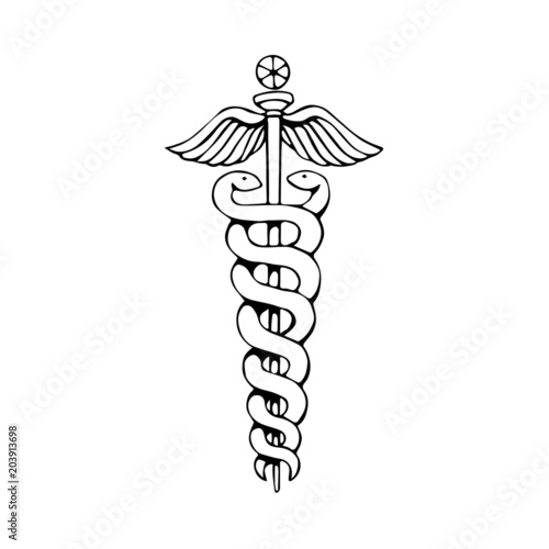 Caduceus medical symbol in black and white. Vector illustration.