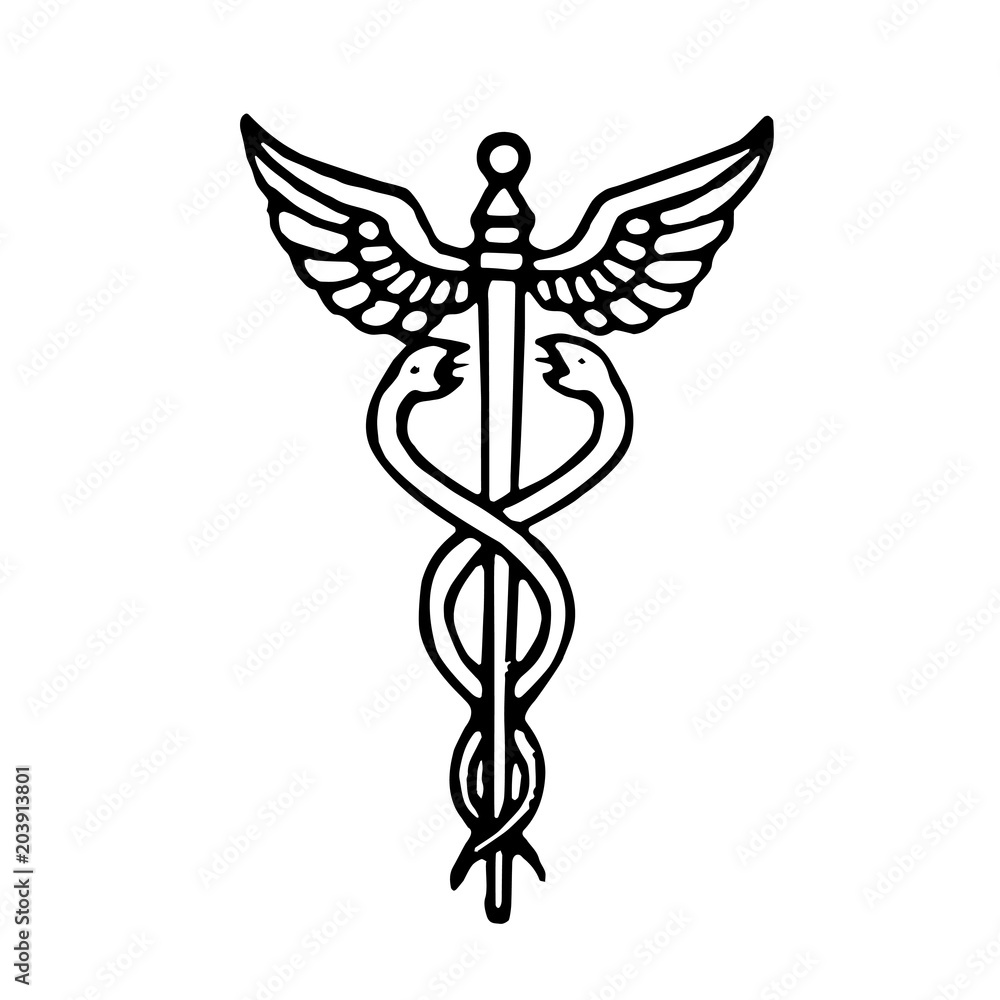 Caduceus medical symbol in black and white. Vector illustration. Stock ...
