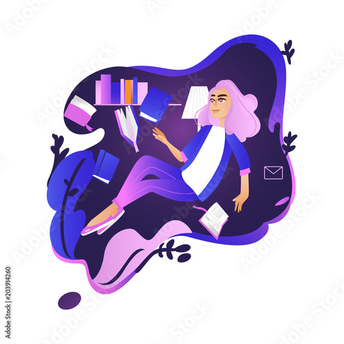 Girl in information environment isolated on white background. Young woman flies in weightlessness surrounded by books - search and analysis concept in cartoon vector illustration.