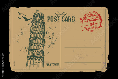 Pisa Tower. Toscana, Italy post card design. Hand drawn illustration.